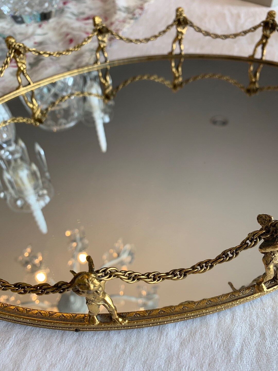 Globe Gold Plated Vanity Mirrored Tray Cherubs With Chains Etsy