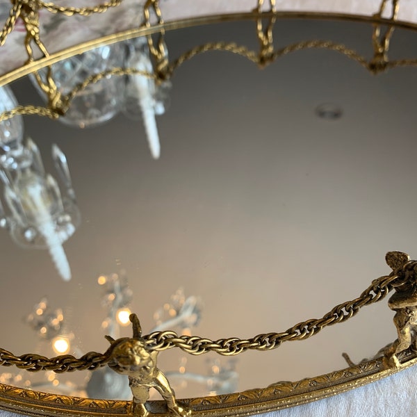 Gorgeous Globe Gold Plated Vanity Mirrored Tray Cherubs With Chains