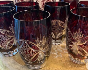 Ruby Red Crystal Glasses Bohemian Cut To Clear Tumblers Vintage Glassware