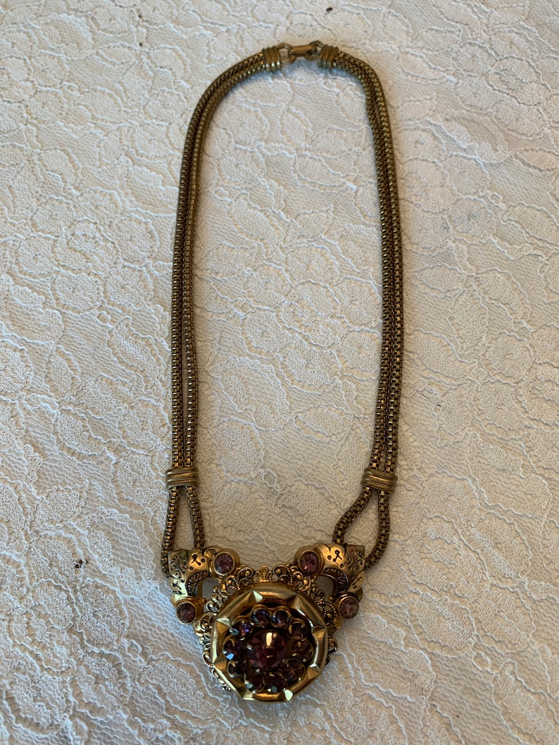 Vintage Coro Necklace Amethyst Colored Stones Gold Toned Necklace image 4