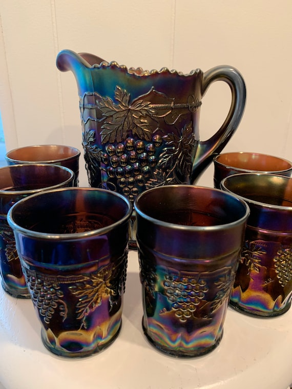 Northwood Carnival Glass Pitcher and Six Glasses Grape and Cable