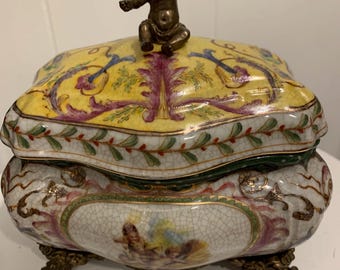 Wong Lee ヴィンテージ　陶器　小物入れ WL 1895 Wong Lee Crackled Porcelain Lidded Bowl With Bronze