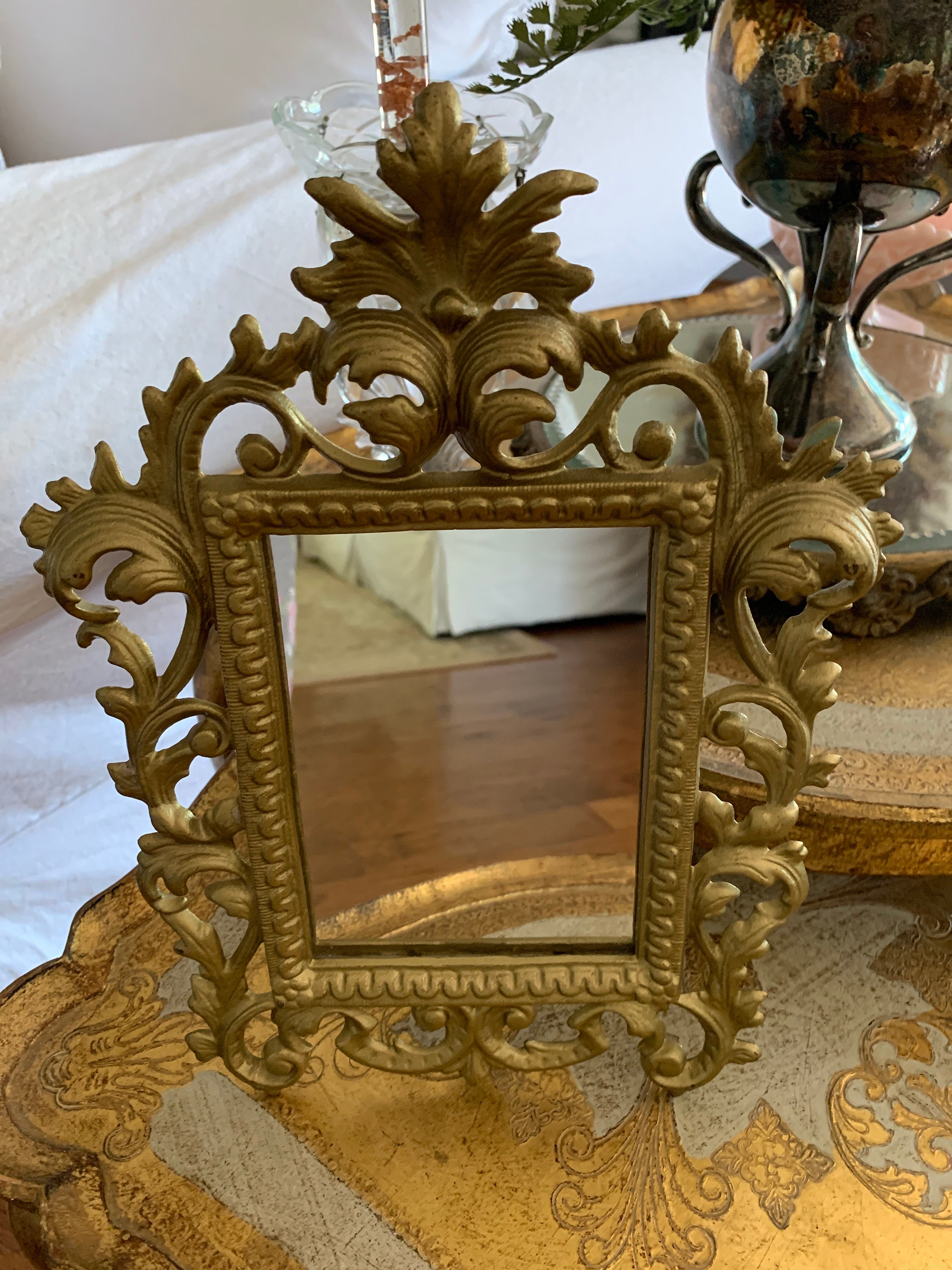 Vintage Victorian Highly Decorated GOLD GILT Cast Iron PIcture FRAME Easel  Stand