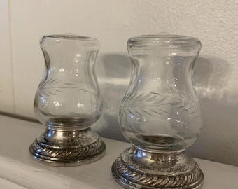 Sterling Salt And Pepper Quaker Hurricane Etched Glass