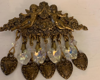 Victorian Style Brooch Antique Brass Cherub Dangling Hearts And Crystals