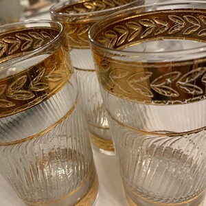 Vintage Drinking Glasses Set Of Three Gold Band Frosted Glasses Barware