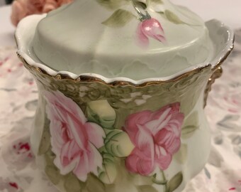 Lefton Heritage Green Pink Rose Bisquit Jar