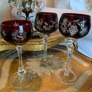 Three Gorgeous Vintage Bohemian Crystal Ruby Cut To Clear Stems