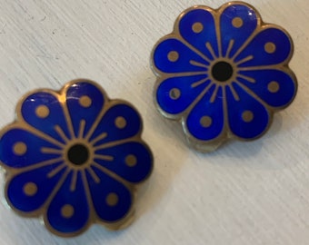 David Andersen Sterling Enamel Blue Flower Clip On Earrings Vintage