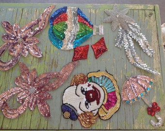 Vintage Sequined Appliqués ~ Pink Flowers, Bows, Clown, Umbrella, Hot Air Balloon ~ Sewing Notions ~ Costume Supplies