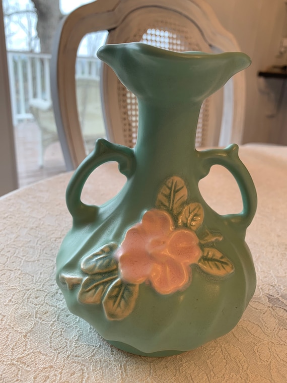 Weller Pottery Green Pink Flower Double Handled Collectible