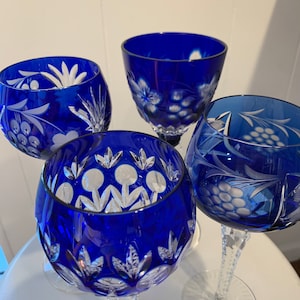 Beautiful Collection Of Four Bohemian Cut To Clear Cobalt Blue Stemware