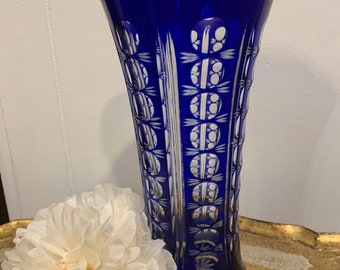 Vintage Colbalt Blue Vase Bohemian Cut To Clear Crystal Vase
