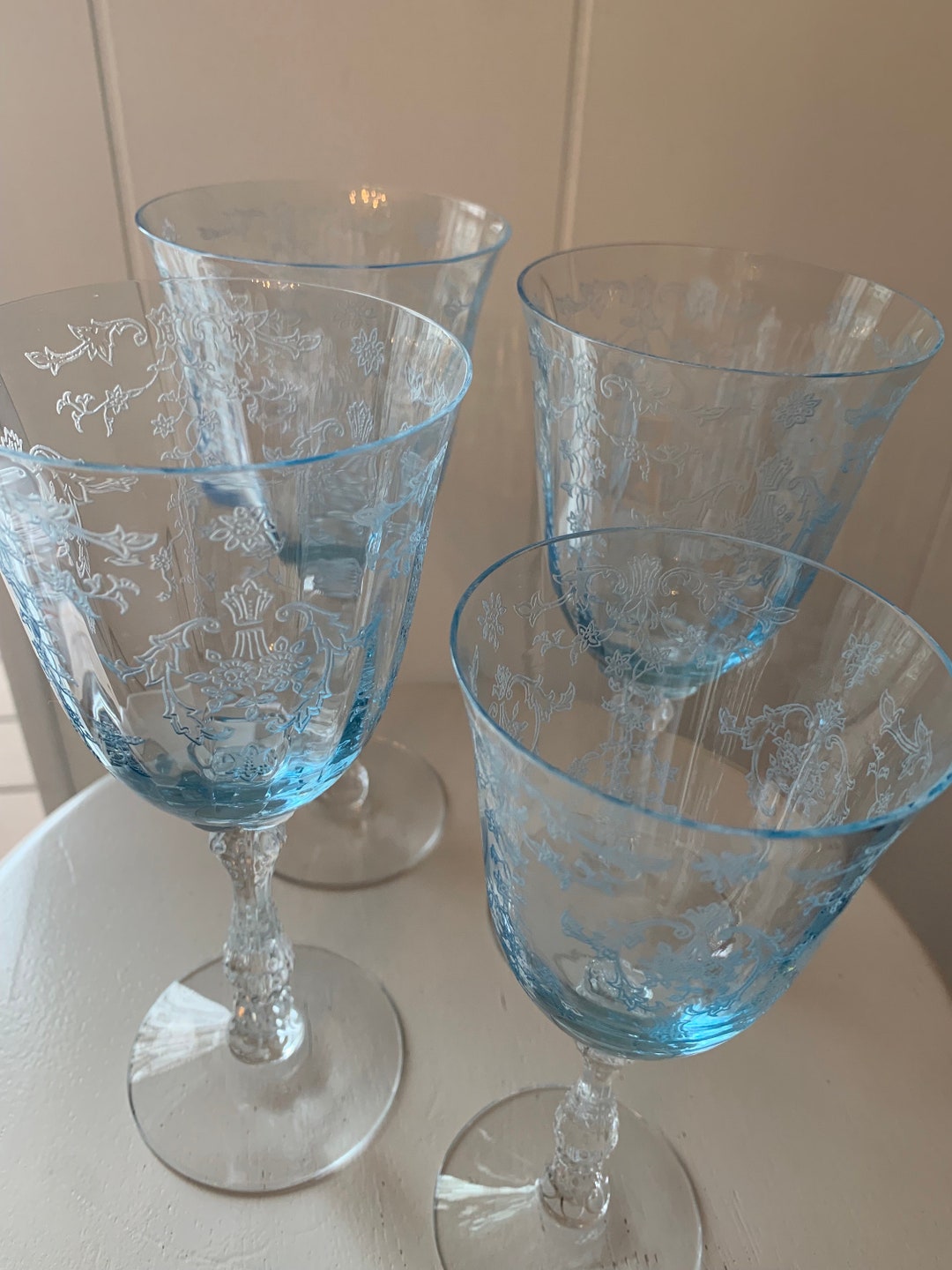 Fostoria Navarre Blue Etched Crystal Stemware Etsy