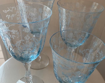 Fostoria Navarre Blue Etched Crystal Stemware