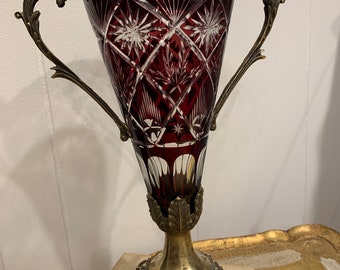 Ruby Red Vase Bohemian Cut To Clear  Bronze Handles And Base Vintage