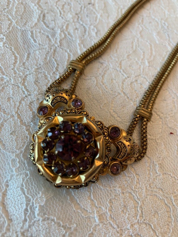 Vintage Coro Necklace Amethyst Colored Stones Gol… - image 6