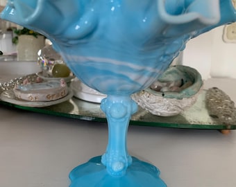Fenton Slag Blue And White Compote Cabage Rose