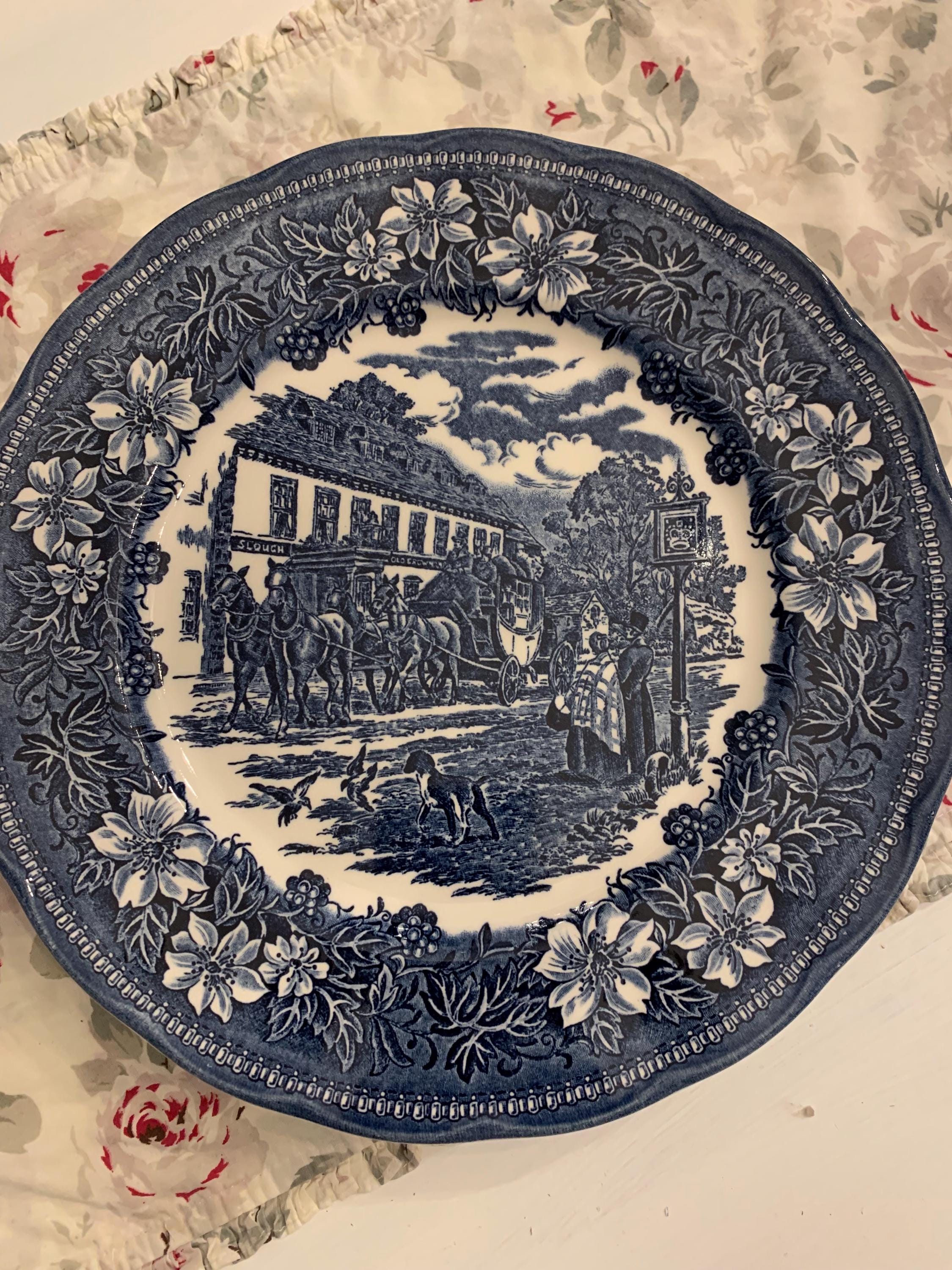 英国  Tudor Ware 皿3枚 貫入あり Coaching Taverns Plate Royal Tudor Ware Staffordshire England Blue