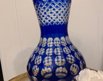 Bohemian Cobalt Blue Crystal Vase Cut To Clear Vintage Flower Vase