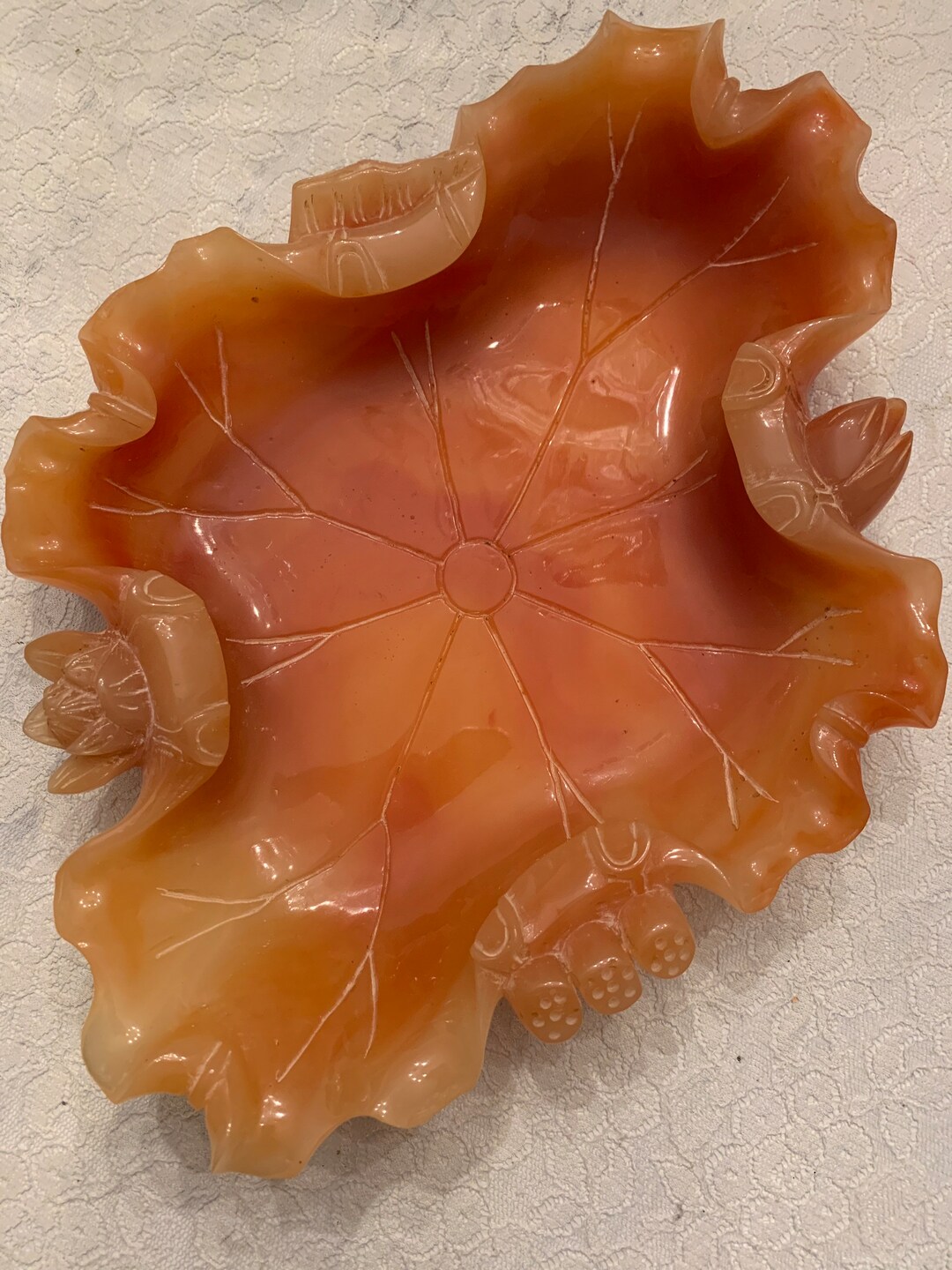 Vintage Chinese Carved Orange Soapstone Lotus Pod Bowl Etsy