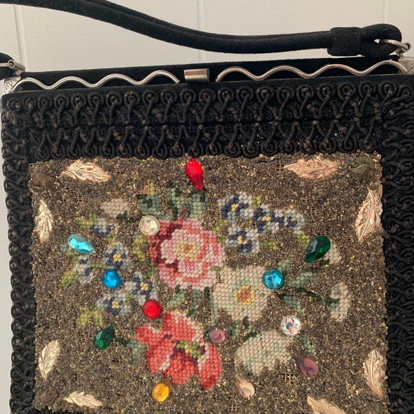 Vintage Handbag Beaded Needlepoint Flowers Caron Houston