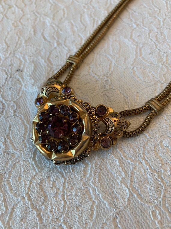 Vintage Coro Necklace Amethyst Colored Stones Gol… - image 5