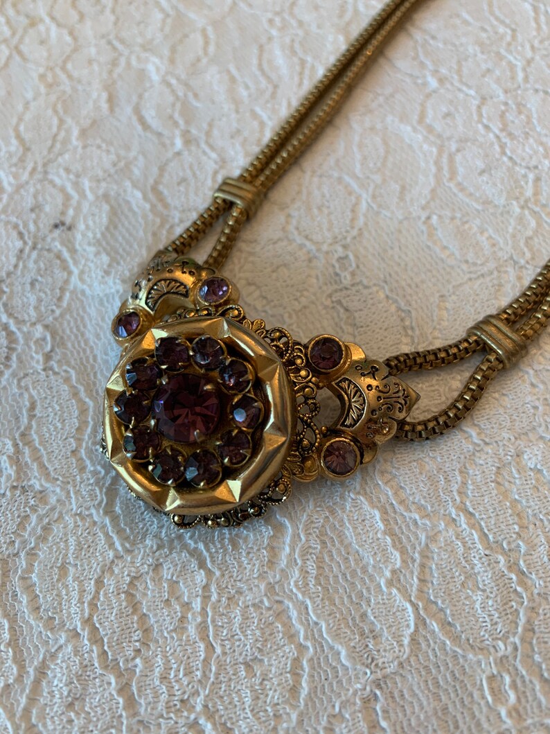 Vintage Coro Necklace Amethyst Colored Stones Gold Toned Necklace image 5