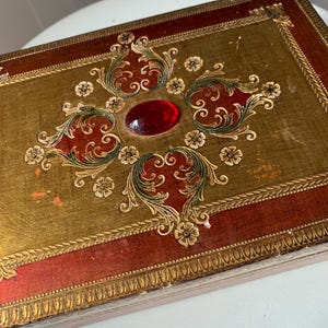 Vintage Italian Florentine Box Gold Gilt red Cabochon Jewelry Box Home Decor