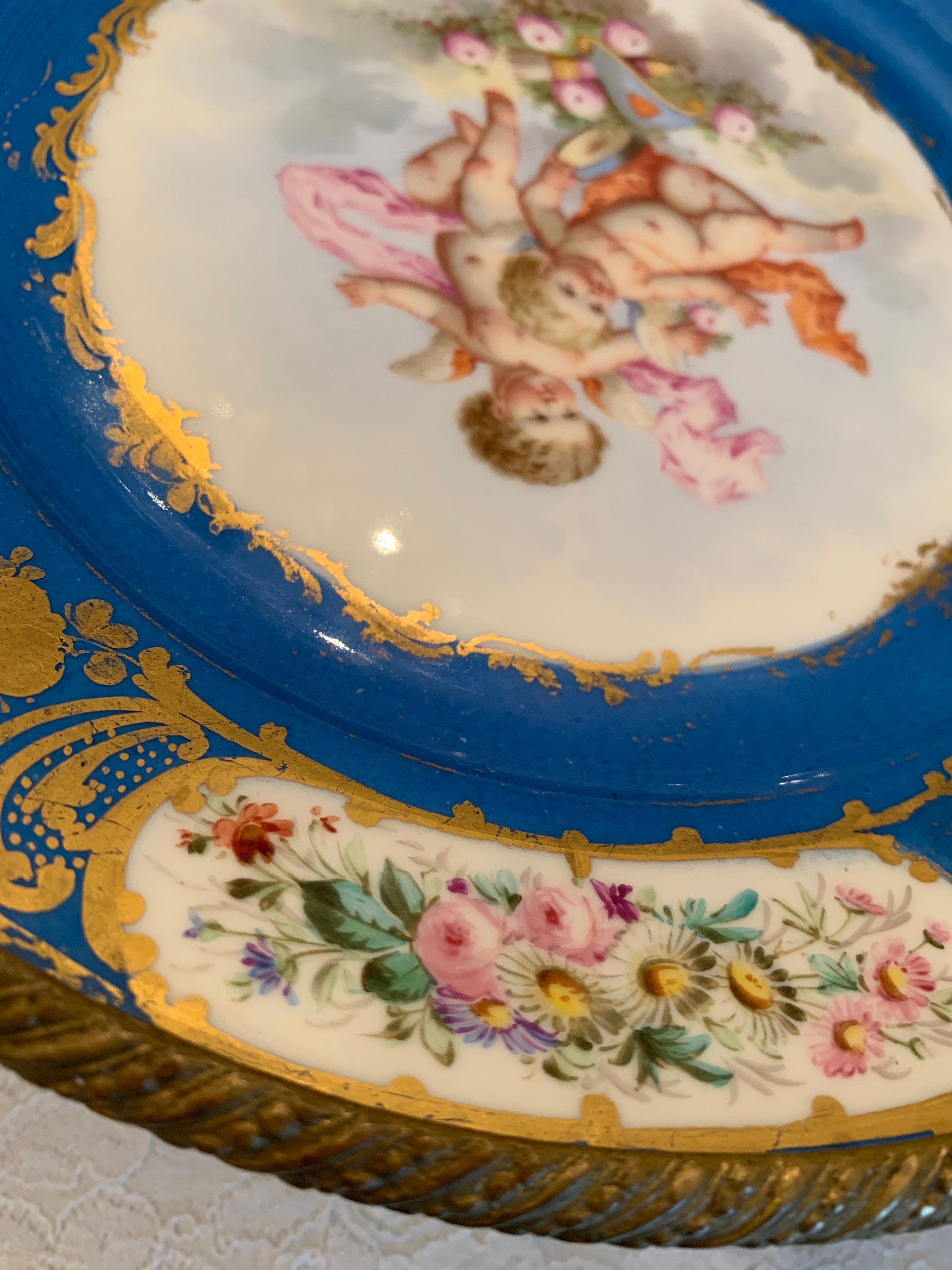 Antique Sevres Hand Painted Plate Gilt Bronze Stand Centerpiece