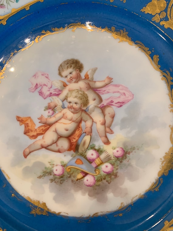 Antique Sevres Hand Painted Plate Gilt Bronze Stand Centerpiece