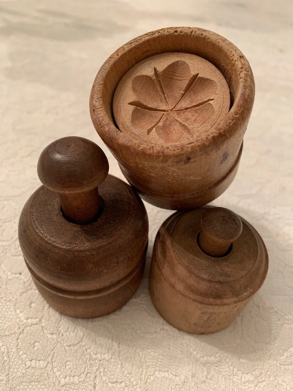 Antique Hand Carved Wooden Butter Molds Set of Three 