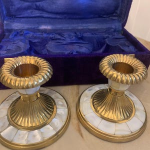 Brass  Mother Of Pearl Candle Holders Pair Vintage Tspered Canfle Holders