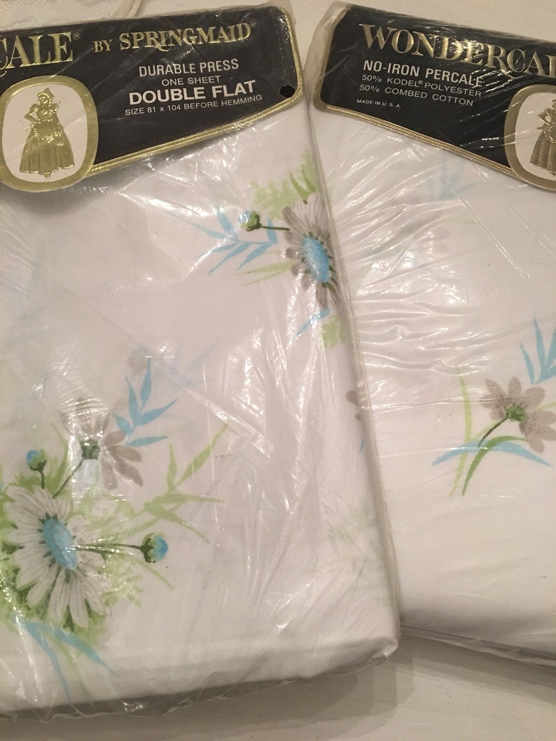 Wondercale Springmaid Vintage Sheets Fresh Daisy ~ Aqua and Green Daisy ~ NOS ~ Double Flat and Fitted Sheet