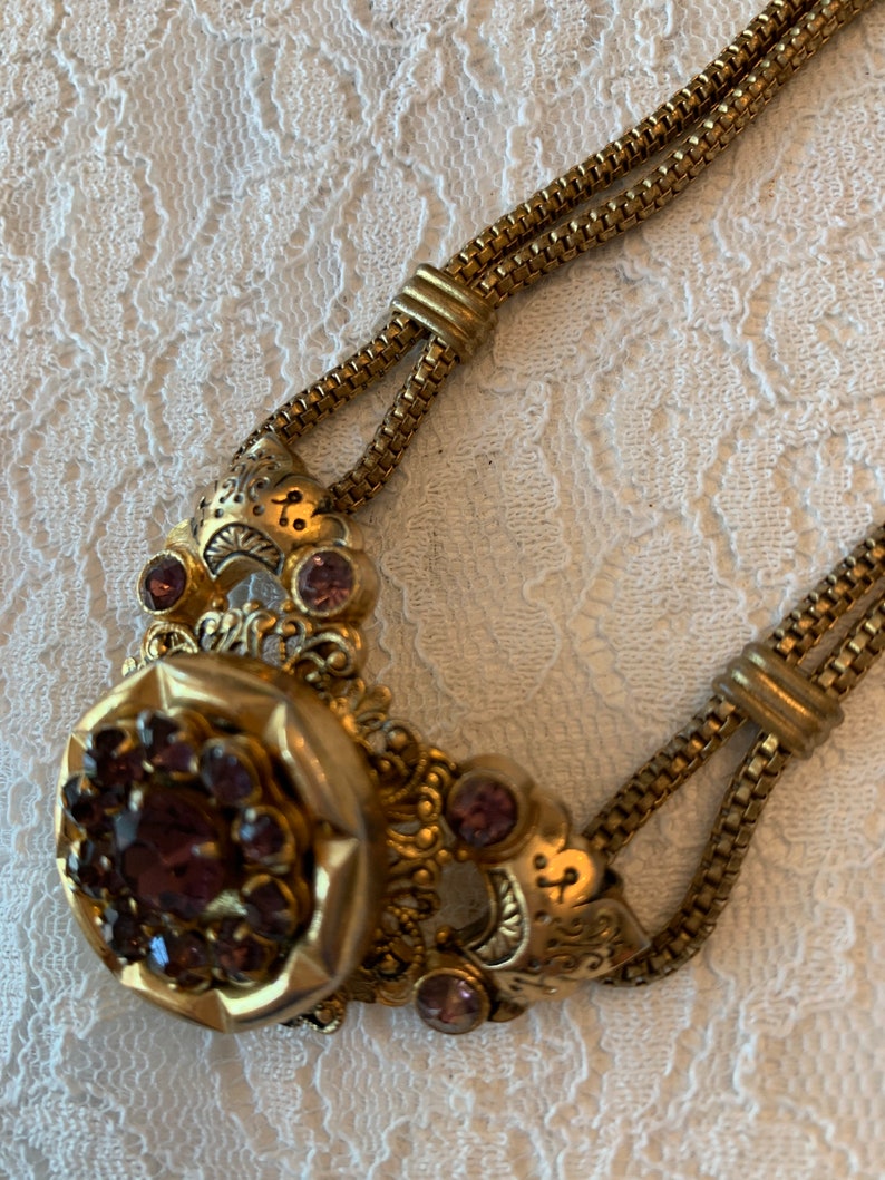 Vintage Coro Necklace Amethyst Colored Stones Gold Toned Necklace image 7