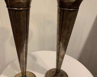 Antique Pair Of Sterling Silver Trumpet Art Deco Vases