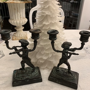 Maitland Smith Bronze Cherub Candlesticks Candelabras PAIR Vintage