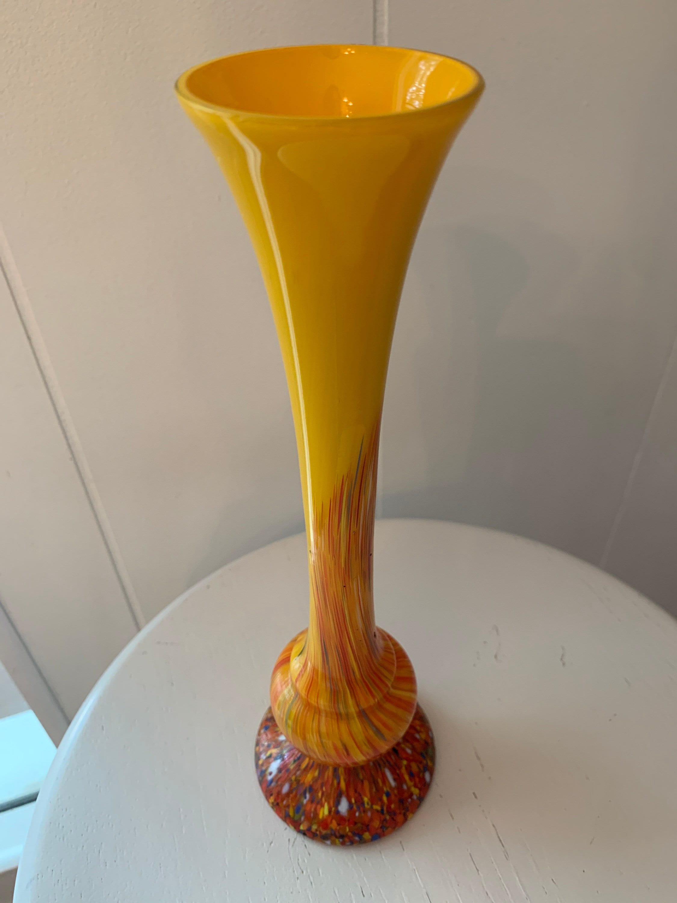 Czech Art Glass Bud Vase Yellow, Orange Deco, 10"