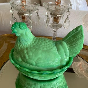 Vintage Green Slag Glass  Hen On Nest Collectible Glass Hens