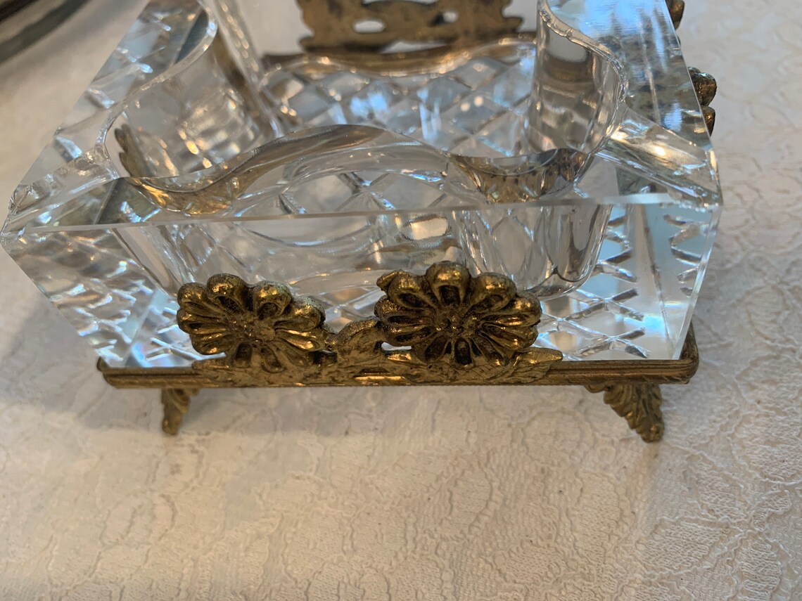 Vintage Fancy Ashtray Glass And Gold Gilt Footed Tray Etsy