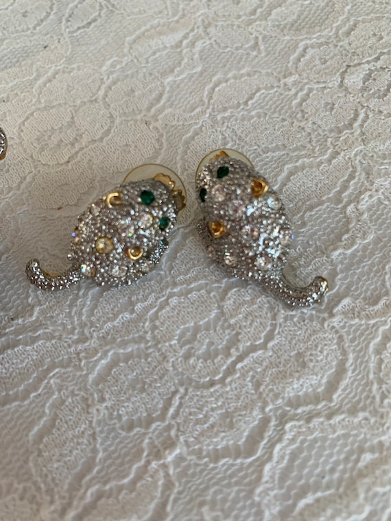 Vintage Cat Brooch Matching Earrings Rhinestone W… - image 6