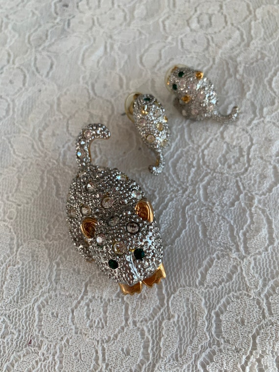 Vintage Cat Brooch Matching Earrings Rhinestone W… - image 2