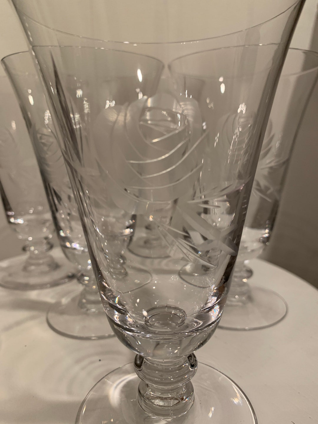 Vintage Fostoria Rose Stemware Ice Tea Glasses Wine Glasses Etched Rose