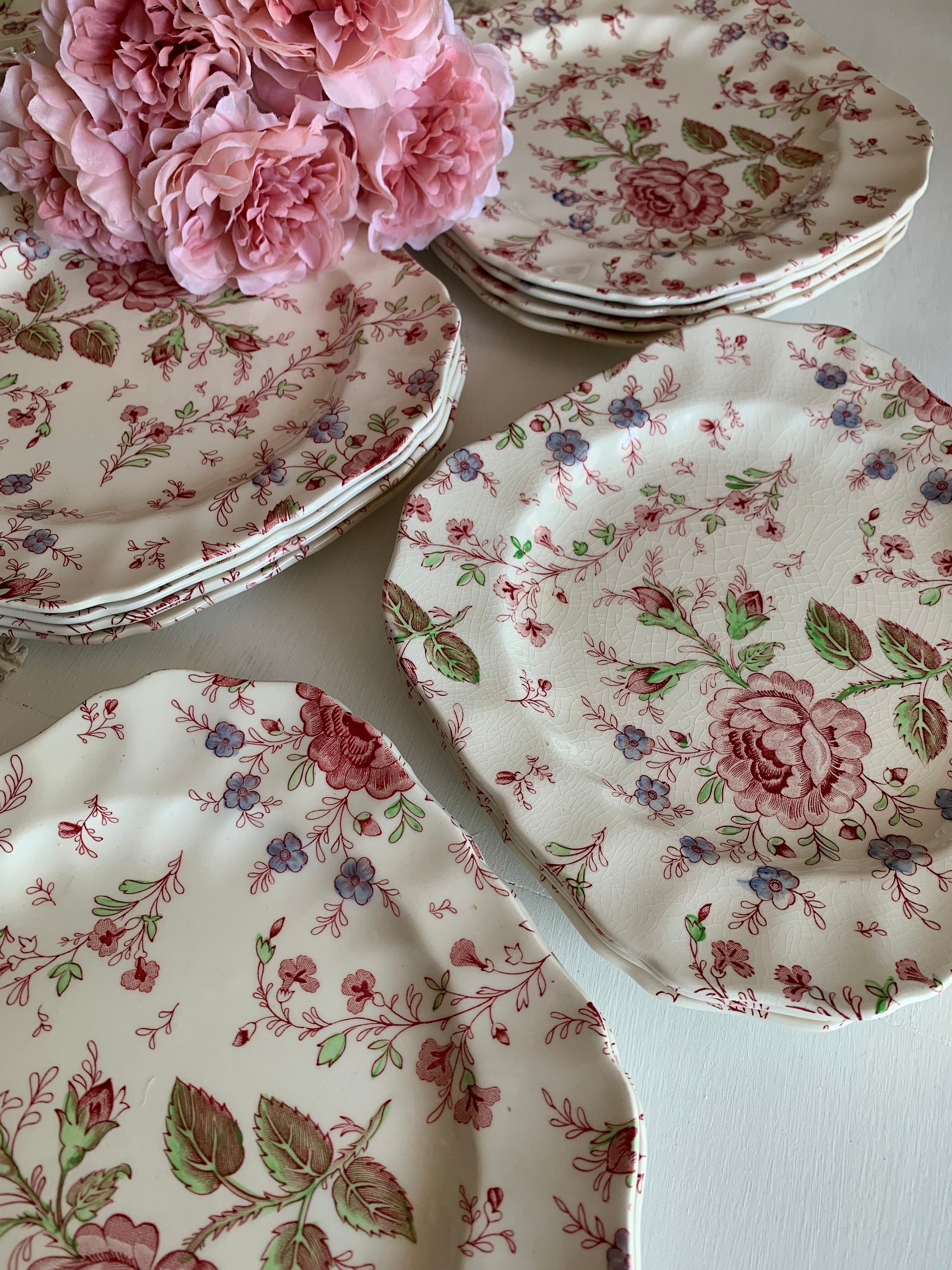 Rose Chintz Johnson Bros Square Lunch or Salad Plates Pink Back