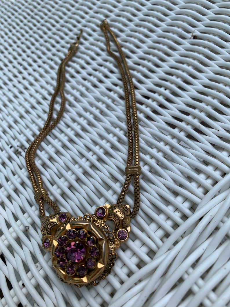 Vintage Coro Necklace Amethyst Colored Stones Gold Toned Necklace image 10