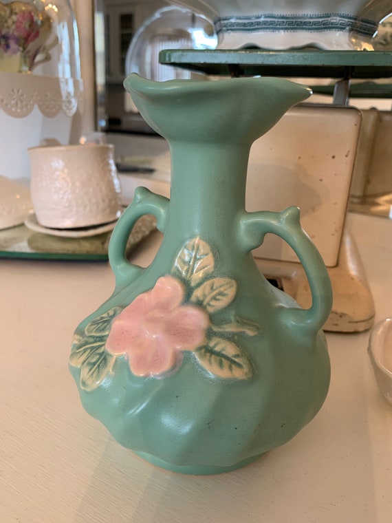 Weller Pottery Green Pink Flower Double Handled Collectible