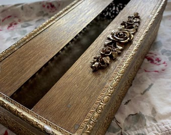 Gold Filigree Tissue Box Cover Hollywood Regency Roses