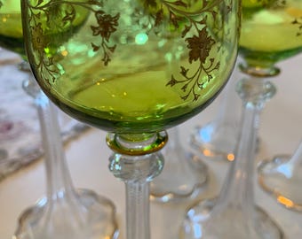 Vintage Bavaria Art Glass Tall Green And Gold Crystal Glasses