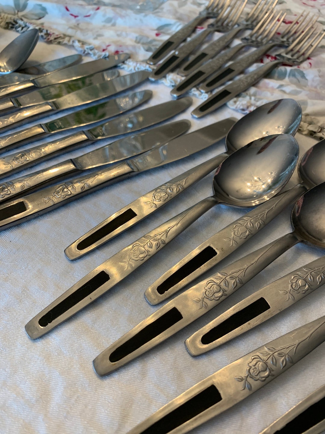 Stainless Steel Japan Flatware MCM Floral With Inlay Etsy