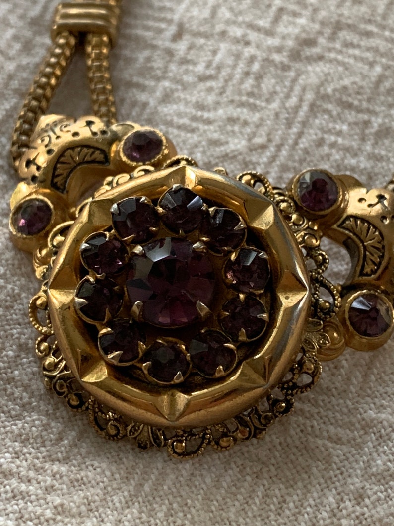 Vintage Coro Necklace Amethyst Colored Stones Gold Toned Necklace image 2